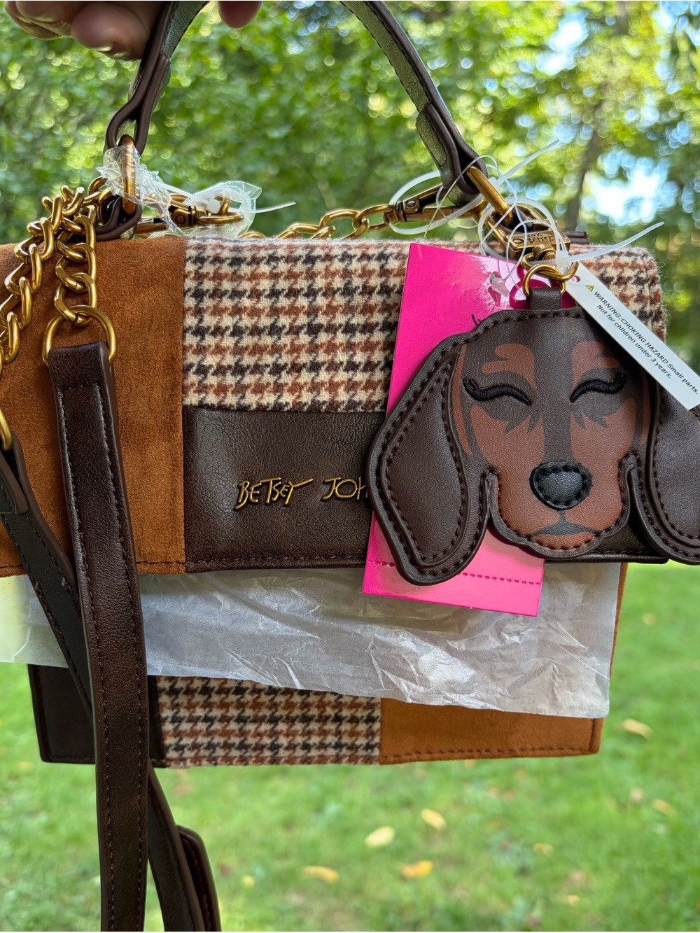 NWT Betsey Johnson Brown Burberry Style Patchwork Dog Crossbody Satchel - Picture 6 of 8